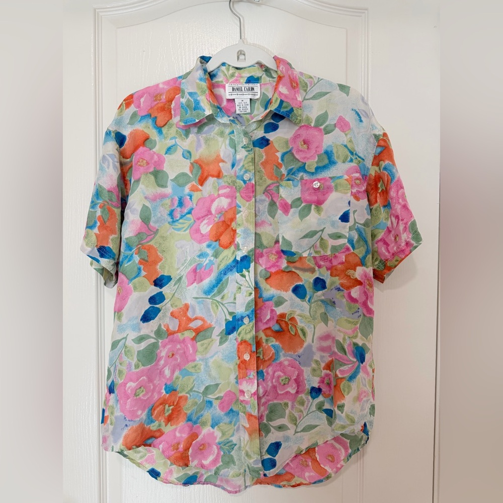 Daniel Caron Vintage Multicolor Floral Silk Button Up Shirt Coachella Size M